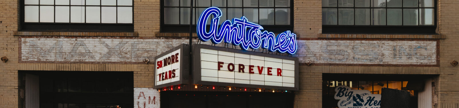 Antone&rsquo;s marquee on East 5th, &lsquo;Antone&rsquo;s Forever &middot; 50 More Years&rsquo;.